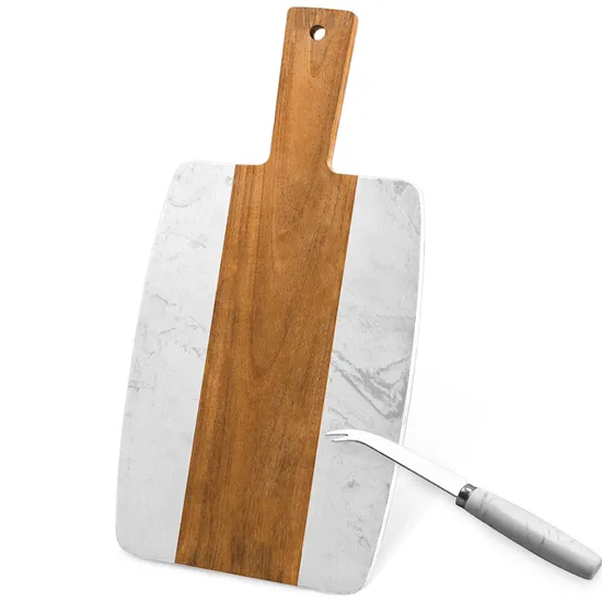 Tabla de quesos de madera natural y mármol con asa y orificio para colgar