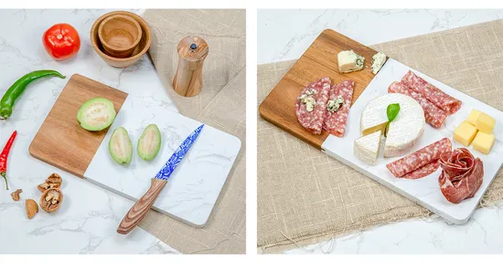 Tabla rectangular de mármol y madera para servir bistec y fruta
