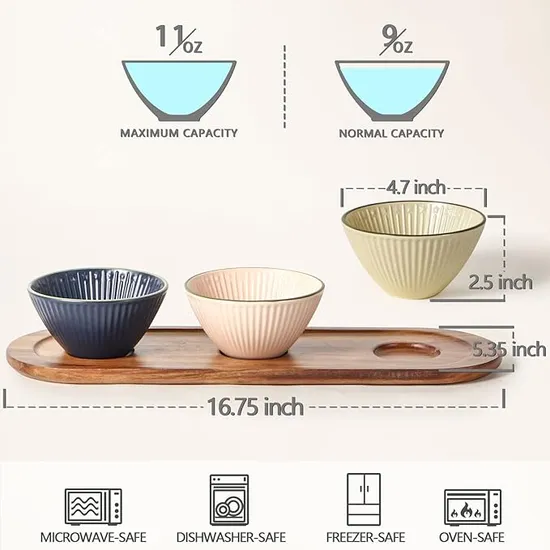 Bandeja de madera de acacia con 3 cuencos de cerámica de diferentes colores para servir Chip y DIP