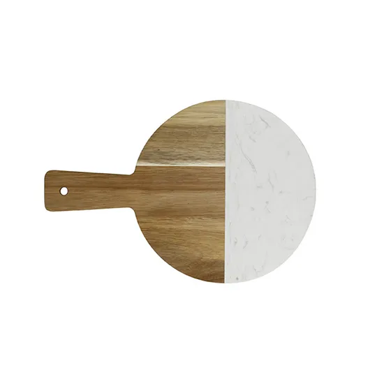 Tablero de charcutería de mármol y madera de acacia de forma redonda con mango