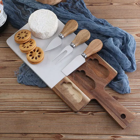 Tabla de servir de madera de mármol y acacia con juego de cuchillos para queso y mango