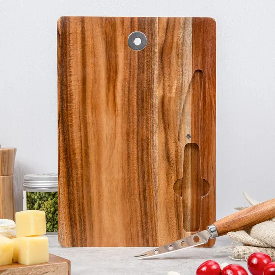 Tabla de cortar rectangular de madera de acacia con juego de cuchillos