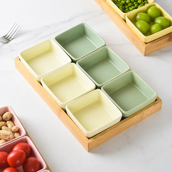 Plato para servir dividido de cerámica con 6 compartimentos de 11,5 pulgadas y bandeja para servir de bambú para refrigerios, dulces y aperitivos