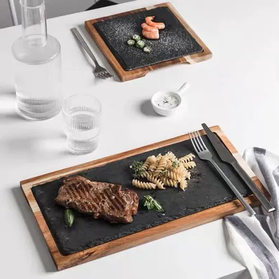 Tablero/bandeja/placa de servicio de pizarra negra con forma hexagonal con mango de metal