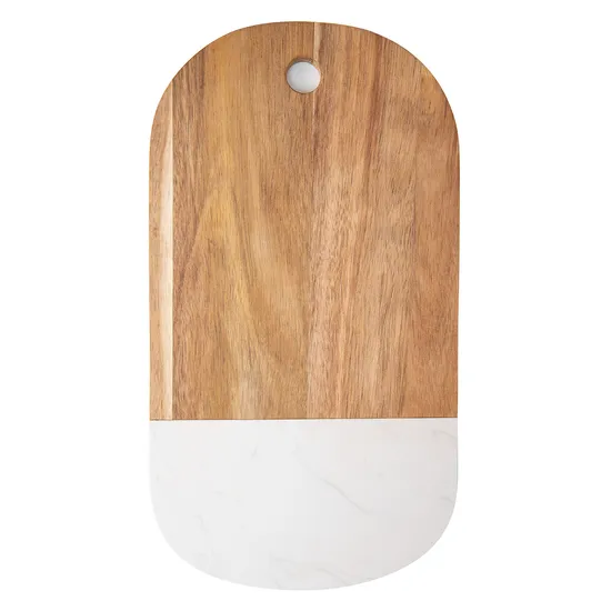 Tabla de cortar de madera y mármol blanco moderna con forma ovalada