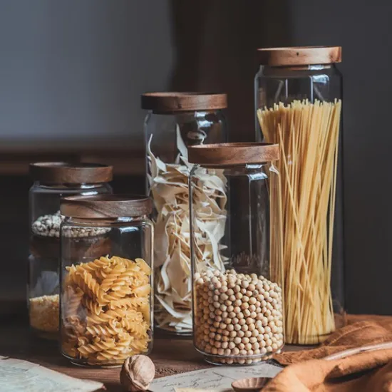 Frascos de almacenamiento de vidrio con tapa de madera Contenedores de almacenamiento de alimentos