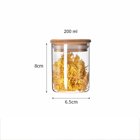 Tarro de vidrio de borosilicato al por mayor con tapa de madera de bambú para almacenamiento de nueces, té, dulces y café
