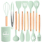 Pinzas giratorias resistentes al calor, espátula, cuchara, cepillo, batidor, utensilios de cocina de silicona, juego de utensilios de cocina con mango de madera