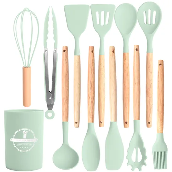 Pinzas giratorias resistentes al calor, espátula, cuchara, cepillo, batidor, utensilios de cocina de silicona, juego de utensilios de cocina con mango de madera