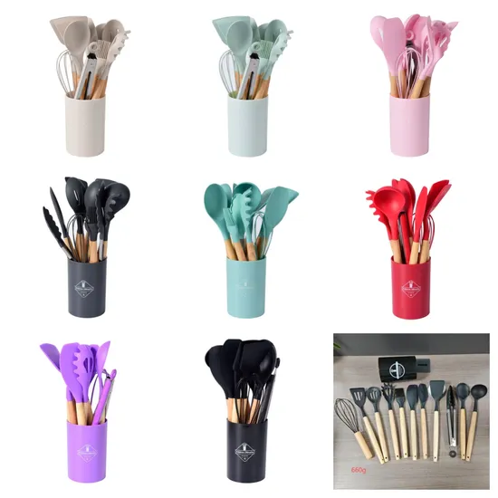 Juego de utensilios de cocina de silicona multiusos, 12 Uds., herramientas de cocina, utensilios de cocina con mango de madera y soporte de almacenamiento