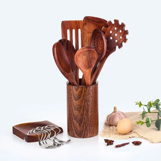 Herramientas de cocina determinadas vendedoras calientes del utensilio de cocina de madera de la teca con el resto y el tenedor de la cuchara