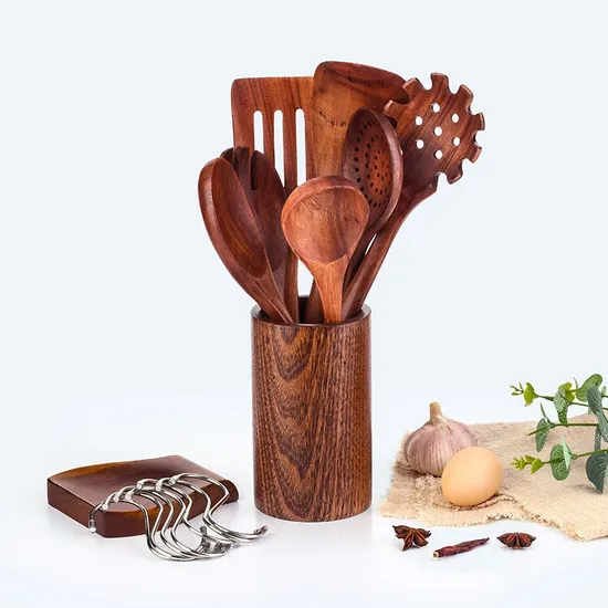Herramientas de cocina determinadas vendedoras calientes del utensilio de cocina de madera de la teca con el resto y el tenedor de la cuchara