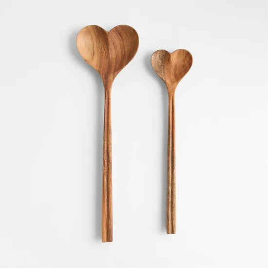 Juego de 2 cucharas para servir de madera de acacia en forma de corazón con mango redondo
