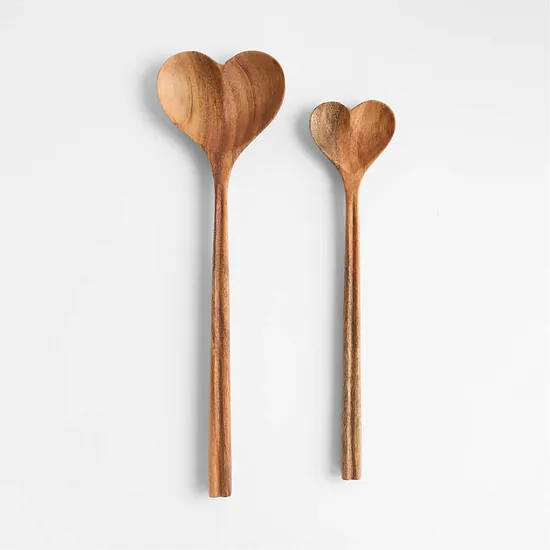 Juego de 2 cucharas para servir de madera de acacia en forma de corazón con mango redondo
