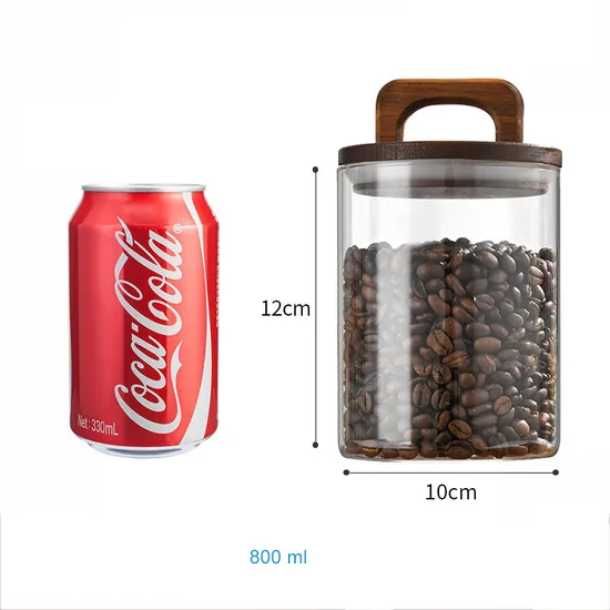 Envases de comida de vidrio funcionales, botellas de almacenamiento de granos de café con tapa de madera de Acacia