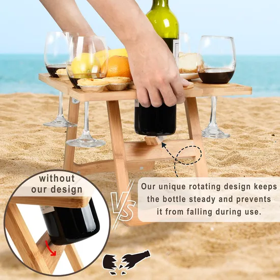 Mesa de picnic de vino portátil para exteriores, bandeja de aperitivos de playa de bambú, para acampar
