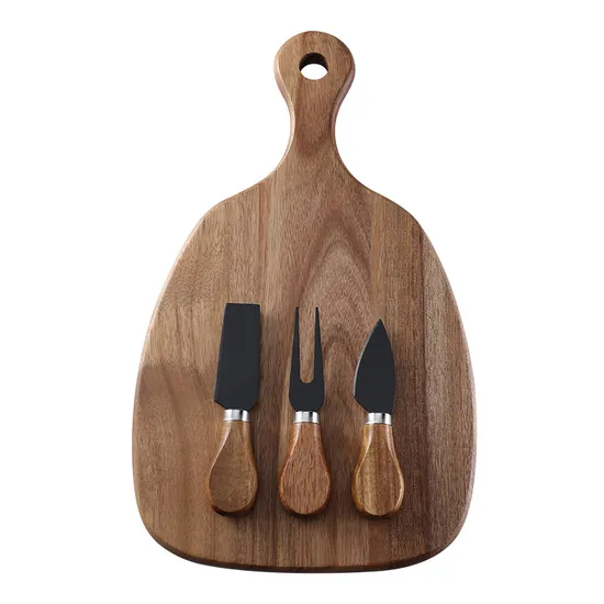 Tabla de servir de queso de aperitivo de charcutería de madera de acacia de forma redonda con asas y cuchillos