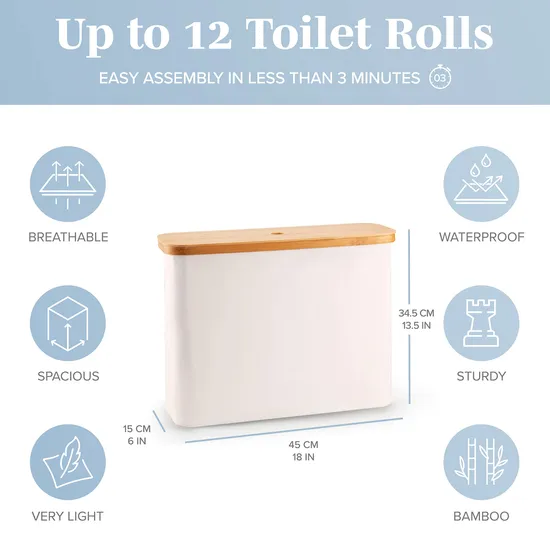 Elegante Almacenamiento de Papel Higiénico de Color Beige para 12 Rollos con Tapa de Bambú