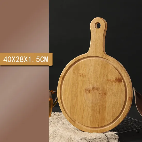 Tabla redonda sostenible de bambú para servir frutas, pan y queso con asa
