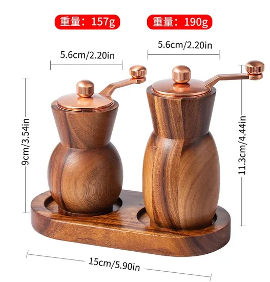 Jarrón molinillo de sal y pimienta de madera de acacia con manivela y bandeja