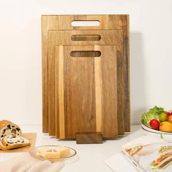 Juego de 3 tablas de cortar de madera de acacia, muy vendidas, con soporte