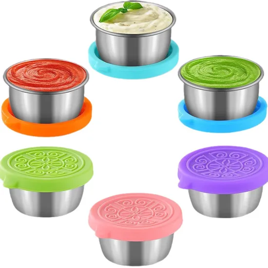 Taza de condimentos de acero inoxidable de 6 piezas con tapa de silicona para lonchera, picnic, viaje, trabajo