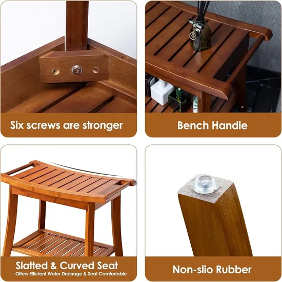 Taburete de baño de bambú antideslizante e impermeable de color carbonizado, taburete de ducha con toalla Hange