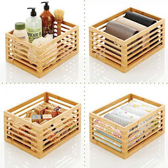 Juego de cestas de almacenamiento de bambú ahuecadas multifuncionales personalizadas para artículos diversos/frutas/verduras del hogar.