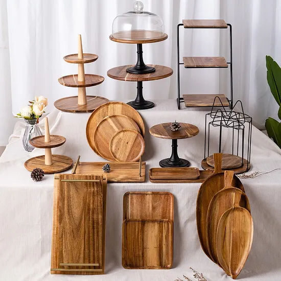 Soporte rústico para tartas, cuenco de madera de acacia redondo de doble uso con cúpula de cristal