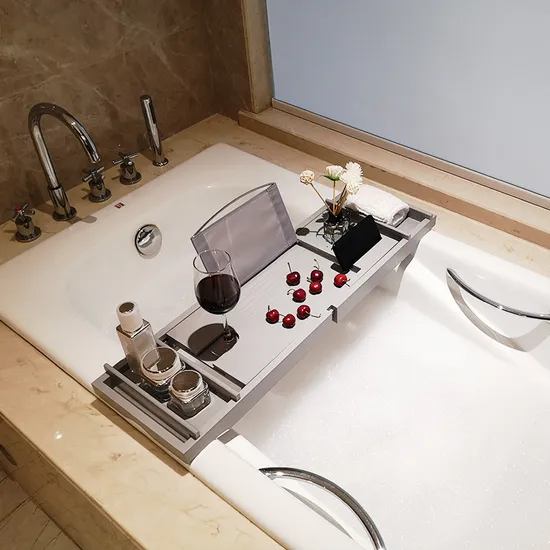 Bandeja de bambú extensible para bañera, color gris, con soporte para libros y vinos
