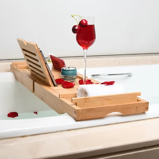 Tenedor de bambú de la bañera del estante del almacenamiento del cuarto de baño del color blanco con el tenedor del teléfono móvil de la pantalla plana