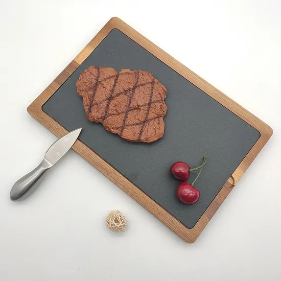 Plato rectangular de madera de Acacia para servir, tabla de servir de pizarra para carne, postres y queso