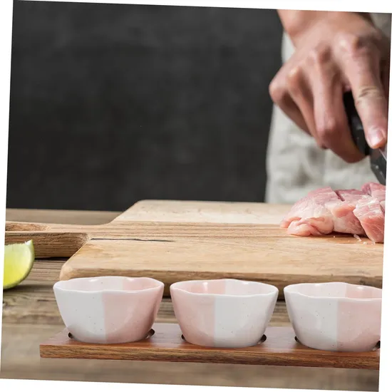 Elegante juego de cuencos de cerámica para servir aperitivos con bandeja de madera para frutas, aperitivos y postres