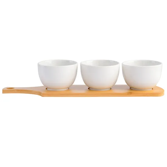 Elegante juego de cuencos Tidbit blancos de 3 piezas con bandeja de bambú para servir