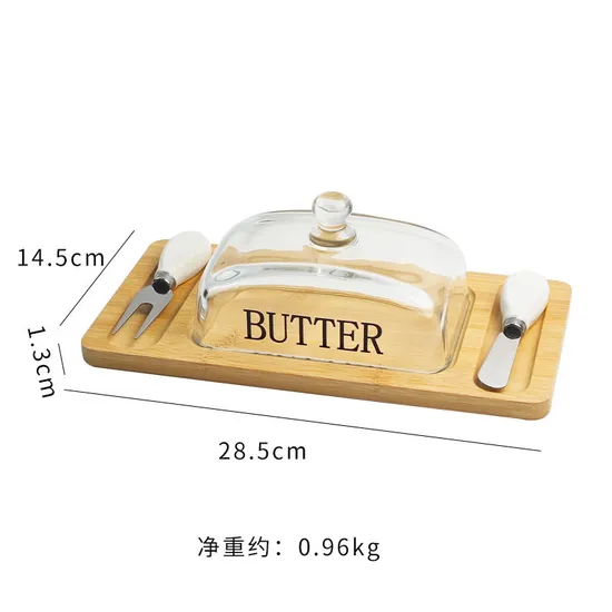 Fabricación de plato de mantequilla de bambú rectangular con tapa de vidrio y cuchillos para queso