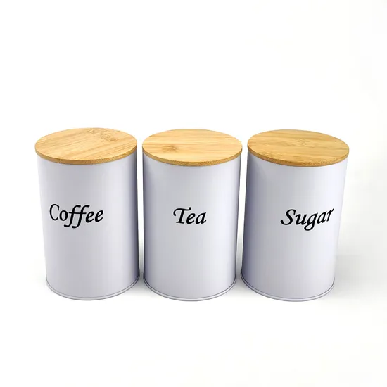Juego de 3 botes redondos de metal para té, café, azúcar y tapa de bambú