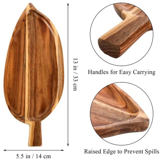 Bandeja para servir comida de madera de acacia con forma de hoja para aperitivos y refrigerios con asas