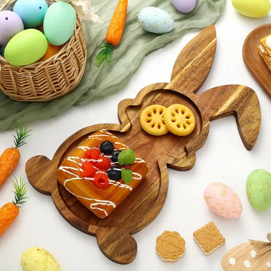 Plato moderno de madera de Acacia con forma de conejo para servir y cenar todos los días
