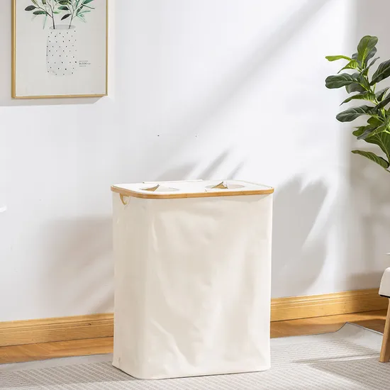Cesto para la Ropa sucia de Tela de Bambú con Doble Apertura de 160 L Cesto de Almacenamiento de Gran Capacidad con Compartimentos Dobles.