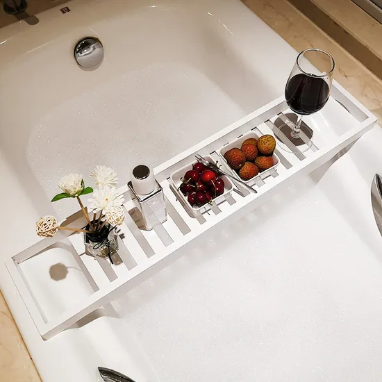Mesa de bandeja de bañera de bambú de color blanco para baño