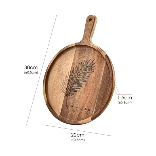 Bandeja redonda personalizada vendedora caliente de la porción de madera de acacia con la manija