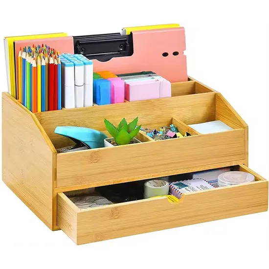 Caja de almacenamiento de escritorio de oficina de bambú, estante de almacenamiento de archivos de oficina con portalápices