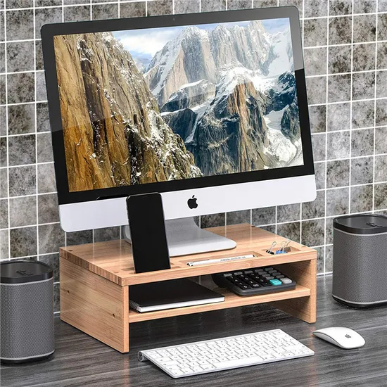 Estante de almacenamiento de escritorio de bambú de doble capa, soporte para Monitor elevador de computadora