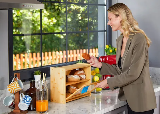 Caja de almacenamiento de pan y pastelería de bambú rectangular transparente para snack