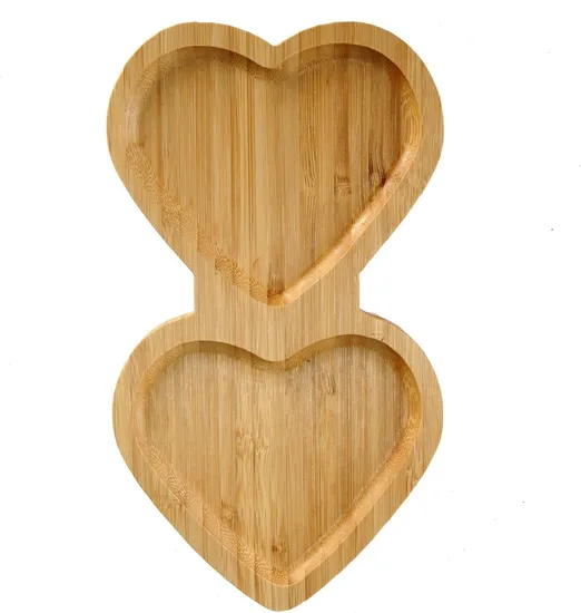 Elegante fuente de madera de bambú con 2 divisiones en forma de corazón para embutidos y guarniciones
