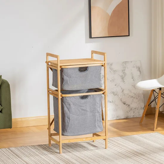 Suelo de baño de doble capa: estante de almacenamiento de tela y bambú como cesta para ropa sucia