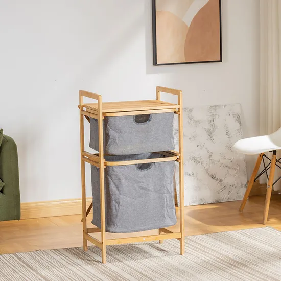 Suelo de baño de doble capa: estante de almacenamiento de tela y bambú como cesta para ropa sucia