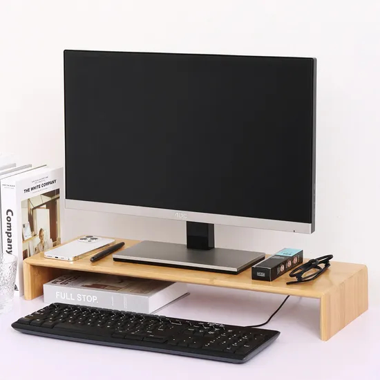 Soporte vertical de bambú para monitor de escritorio con organizador de almacenamiento para oficina