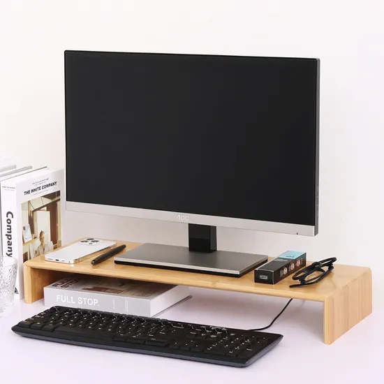 Soporte vertical de bambú para monitor de escritorio con organizador de almacenamiento para oficina