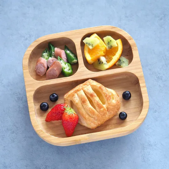 Plato cuadrado de bambú para porciones, platos de madera para bebés con succión